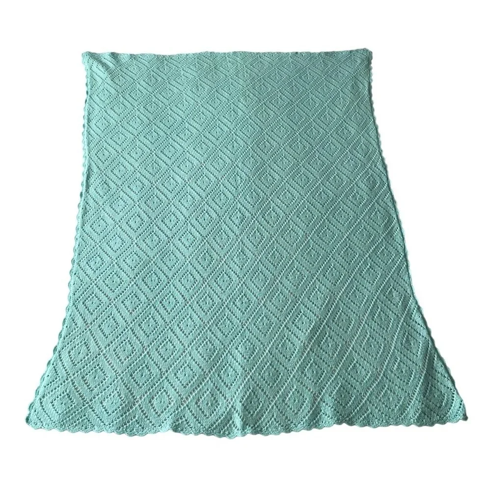 Handmade Baby Blanket Crocheted Throw Blue Mint Diamond Pattern Lightweight